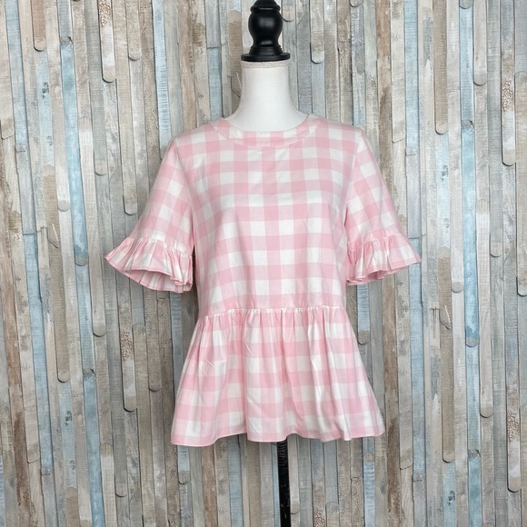 LaRoque Tops - LaRoque M Pink Gingham Check Printed Ruffled Peplum Hem Betty B Top Blouse